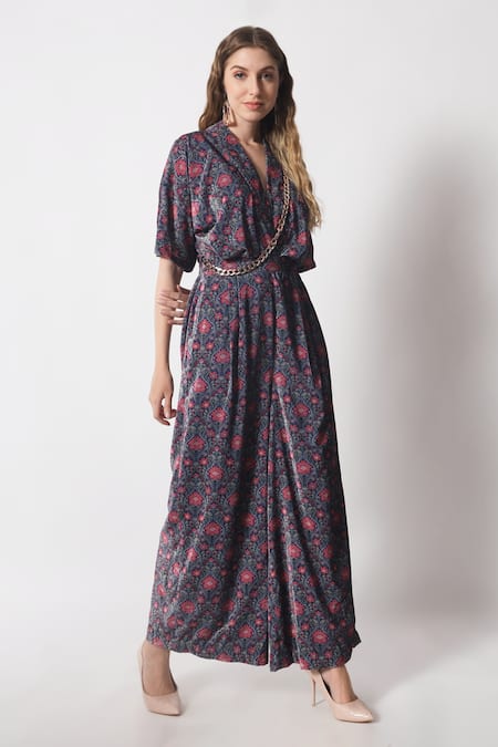 Shop_Soniya G_Brown Velvet V-neck Garden Print Jumpsuit _Online_at_Aza_Fashions