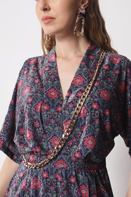 Soniya G_Brown Velvet V-neck Garden Print Jumpsuit _at_Aza_Fashions