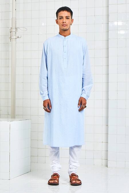 Rajesh Pratap Singh_Blue Cotton Pintuck Kurta Set _Online_at_Aza_Fashions