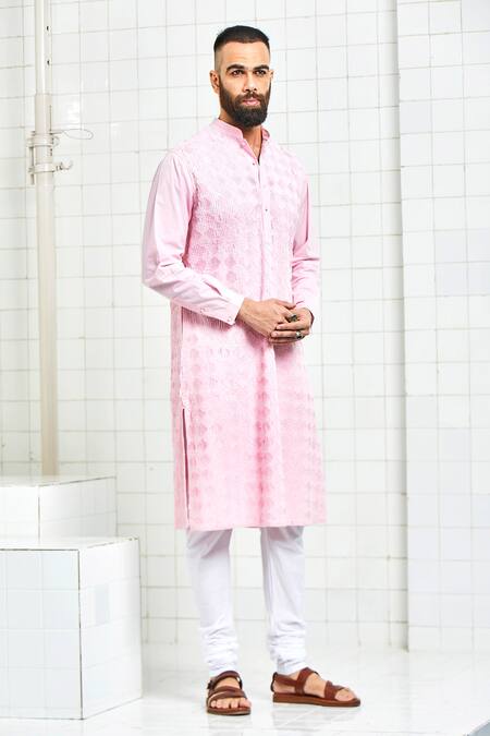 Rajesh Pratap Singh Pink Cotton Textured Kurta Set Online at Aza Fashions Rajesh Pratap Singh_Pink Cotton Textured Kurta Set _Online_at_Aza_Fashions