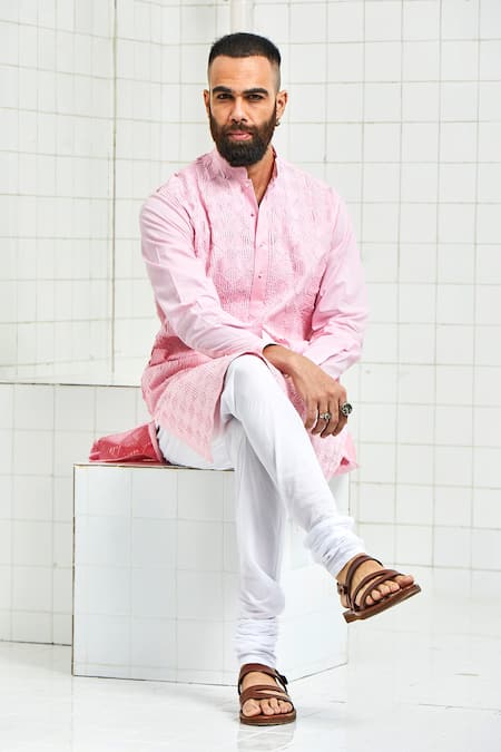 Shop Rajesh Pratap Singh Pink Cotton Textured Kurta Set Online at Aza Fashions Shop_Rajesh Pratap Singh_Pink Cotton Textured Kurta Set _Online_at_Aza_Fashions