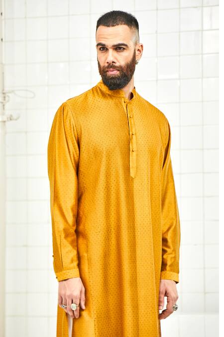 Rajesh Pratap Singh Yellow Viscose Textured Kurta Set at Aza Fashions Rajesh Pratap Singh_Yellow Viscose Textured Kurta Set _at_Aza_Fashions
