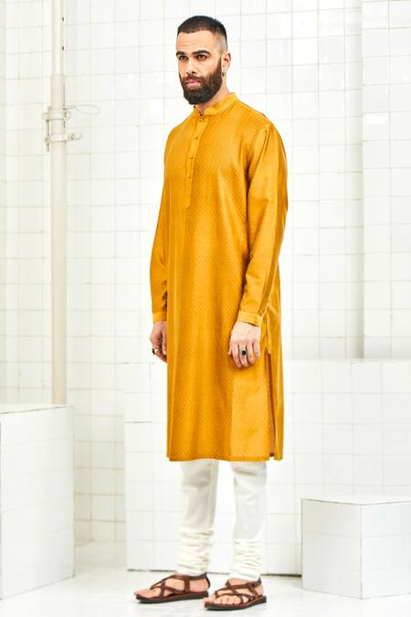 Shop Rajesh Pratap Singh Yellow Viscose Textured Kurta Set Online at Aza Fashions Shop_Rajesh Pratap Singh_Yellow Viscose Textured Kurta Set _Online_at_Aza_Fashions