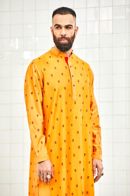 Shop Rajesh Pratap Singh Yellow Viscose Embroidered Kurta Set Online at Aza Fashions Shop_Rajesh Pratap Singh_Yellow Viscose Embroidered Kurta Set _Online_at_Aza_Fashions