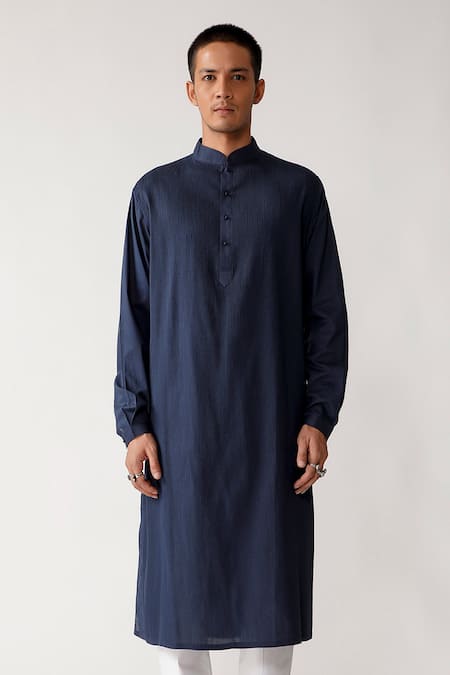 Shop_Rajesh Pratap Singh_Blue Cotton Khinsar Pintuck Kurta Set _Online_at_Aza_Fashions