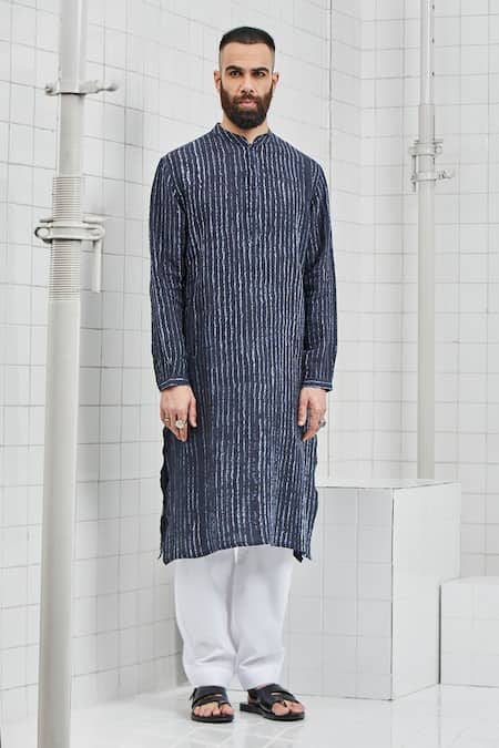 Rajesh Pratap Singh_Blue Linen Karlan Shibori Kurta Set _Online_at_Aza_Fashions