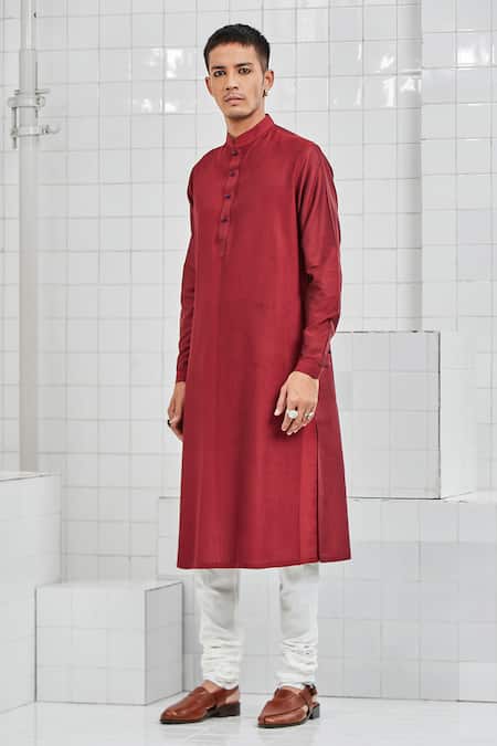 Buy_Rajesh Pratap Singh_Maroon Viscose Katan Khinsar Pintuck Kurta Set _Online_at_Aza_Fashions