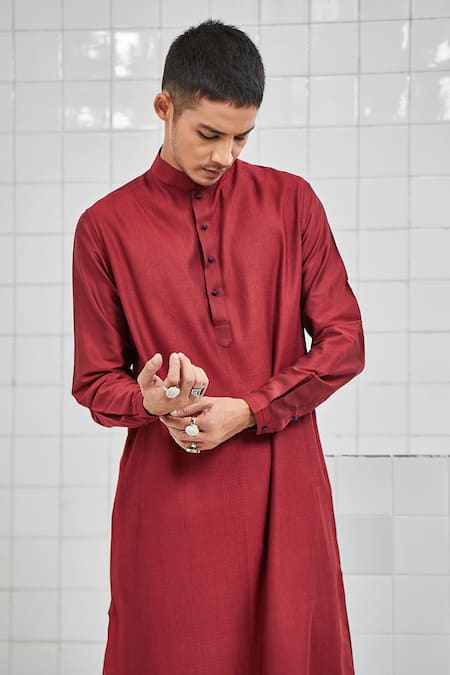 Shop_Rajesh Pratap Singh_Maroon Viscose Katan Khinsar Pintuck Kurta Set _Online_at_Aza_Fashions