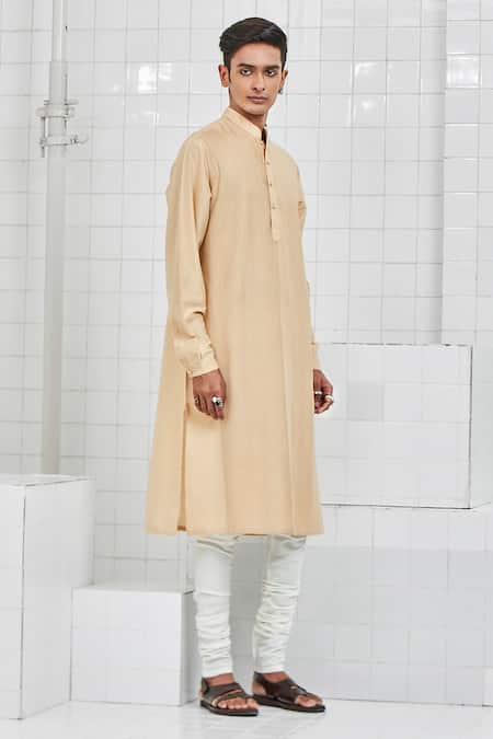 Rajesh Pratap Singh_Beige Viscose Katan Jetpura Pintuck Kurta Set _Online_at_Aza_Fashions