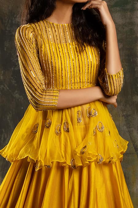 Mona And Vishu_Yellow Peplum Organza, Skirt Chanderi Beads, Zardozi Round Top And Set _Online_at_Aza_Fashions