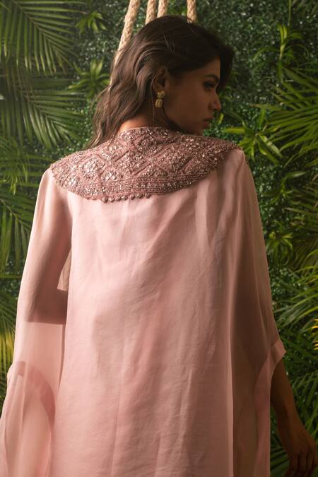 Pallavi Poddar_Beige Organza, Denim Sequins Scoop Algebra Mirror Embroidered Dress With Cape _Online_at_Aza_Fashions