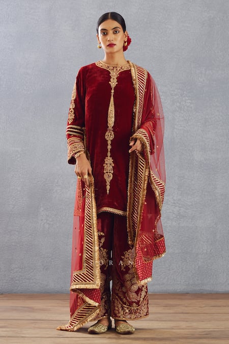 Torani Red Velvet, Cotton Voile And Organza Sindoori Yoshita Kurta Phiran Set 
