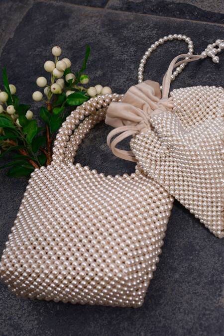 Sashe House_Off White Pearl Velvet Potli_Online_at_Aza_Fashions