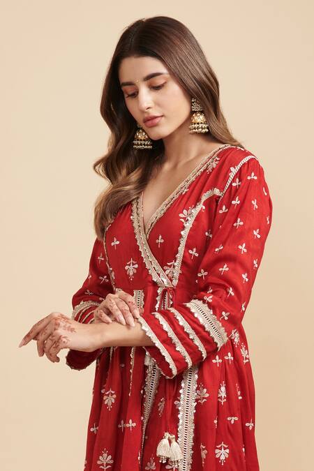 Mulmul_Red Vegan Silk Embroidery Zari V Neck Flower Angrakha Anarkali Set _Online_at_Aza_Fashions