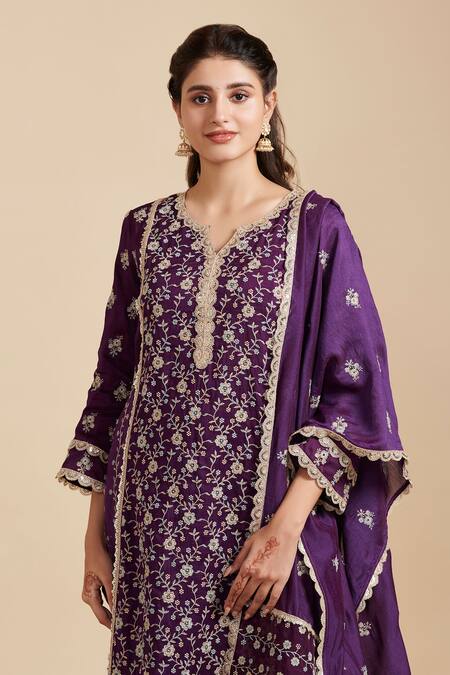 Mulmul Purple Vegan Silk Embroidery Zari Notched Neck Flower Vine Kurta Set Online at Aza Fashions Mulmul_Purple Vegan Silk Embroidery Zari Notched Neck Flower Vine Kurta Set _Online_at_Aza_Fashions