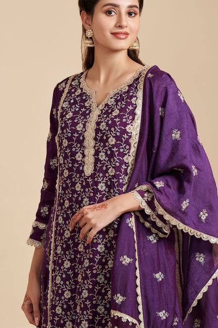Buy Mulmul Purple Vegan Silk Embroidery Zari Notched Neck Flower Vine Kurta Set Online at Aza Fashions Buy_Mulmul_Purple Vegan Silk Embroidery Zari Notched Neck Flower Vine Kurta Set _Online_at_Aza_Fashions
