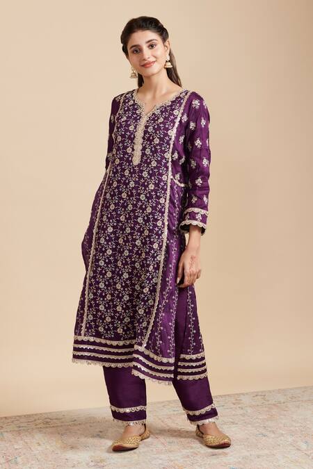 Shop Mulmul Purple Vegan Silk Embroidery Zari Notched Neck Flower Vine Kurta Set Online at Aza Fashions Shop_Mulmul_Purple Vegan Silk Embroidery Zari Notched Neck Flower Vine Kurta Set _Online_at_Aza_Fashions