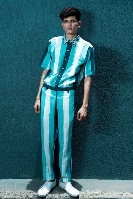 Runit Gupta_Blue 100% Cotton Turquoise Striped Kurta Set_Online_at_Aza_Fashions
