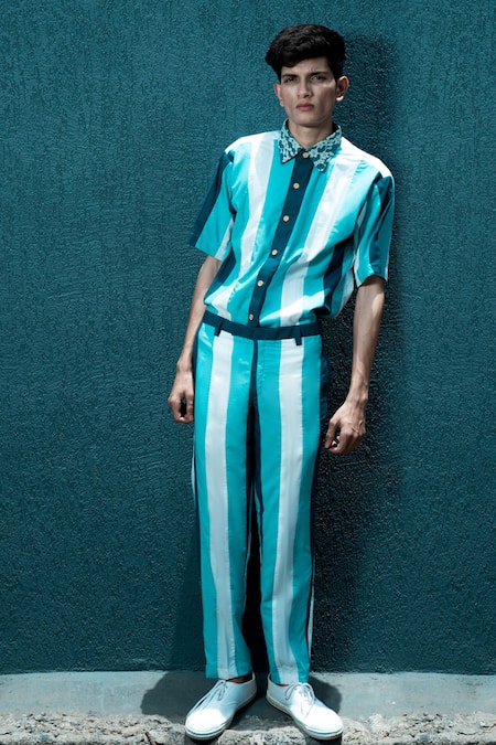 Buy_Runit Gupta_Blue 100% Cotton Turquoise Striped Kurta Set_Online_at_Aza_Fashions