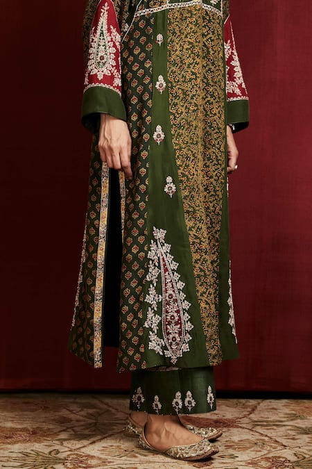 Sue Mue_Green , Raw Ajrakh Print Kurta Set_at_Aza_Fashions