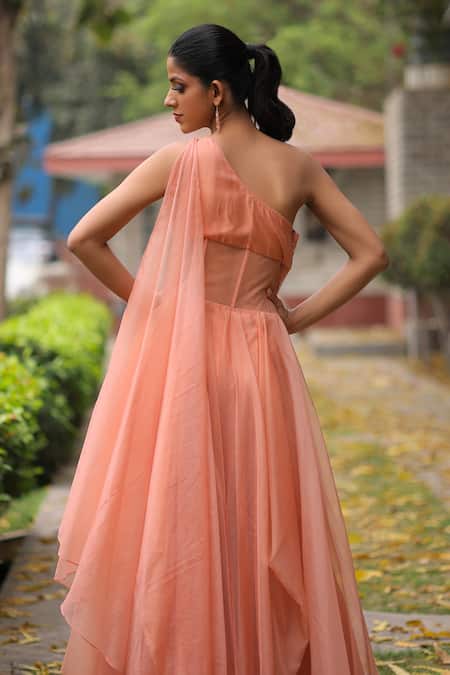 Buy House Of Tushaom Peach Organza Sequins Asymmetric Embroidered One Shoulder Gown Online at Aza Fashions Buy_House Of Tushaom_Peach Organza Sequins Asymmetric Embroidered One Shoulder Gown _Online_at_Aza_Fashions