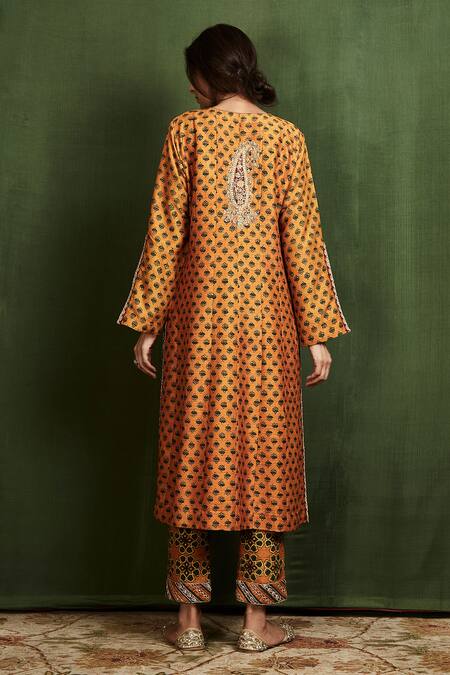 Buy_Sue Mue_Yellow , Raw Ajrakh Print Kurta Set_Online_at_Aza_Fashions