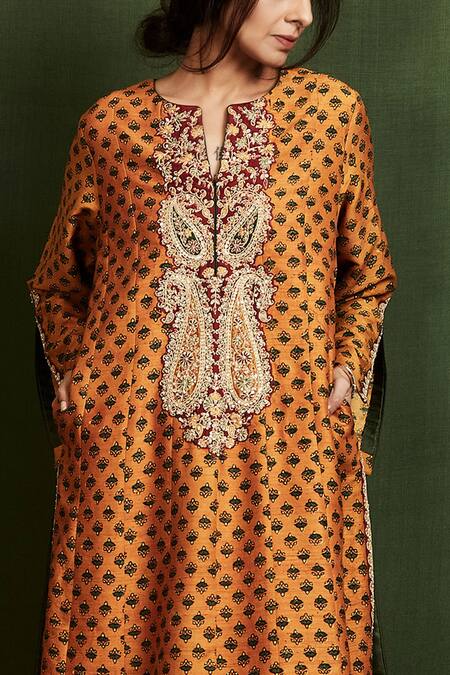 Sue Mue_Yellow , Raw Ajrakh Print Kurta Set_at_Aza_Fashions