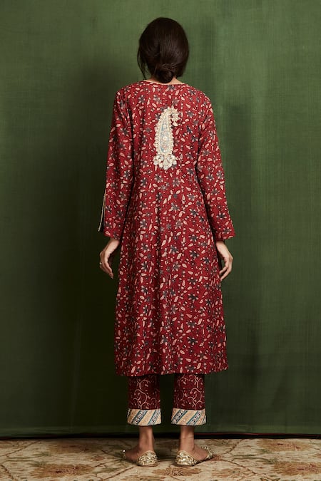 Sue Mue_Maroon Cotton, Mul Ajrakh Print Kurta Set _Online_at_Aza_Fashions