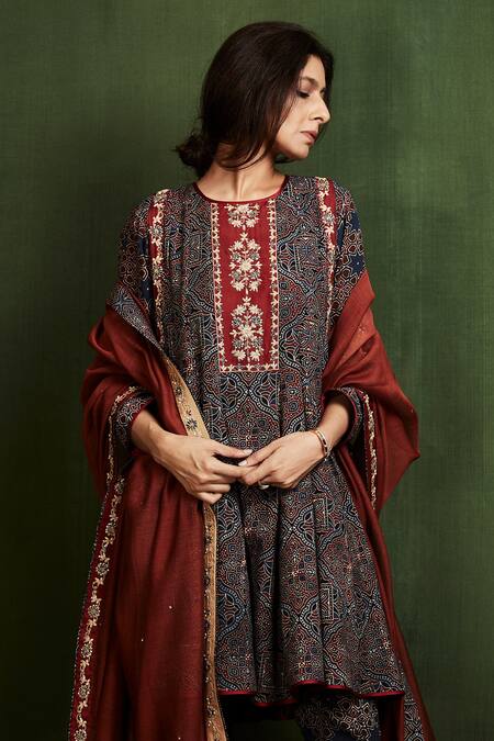 Shop_Sue Mue_Blue Cotton, Mul Ajrakh Print Anarkali Set _Online_at_Aza_Fashions