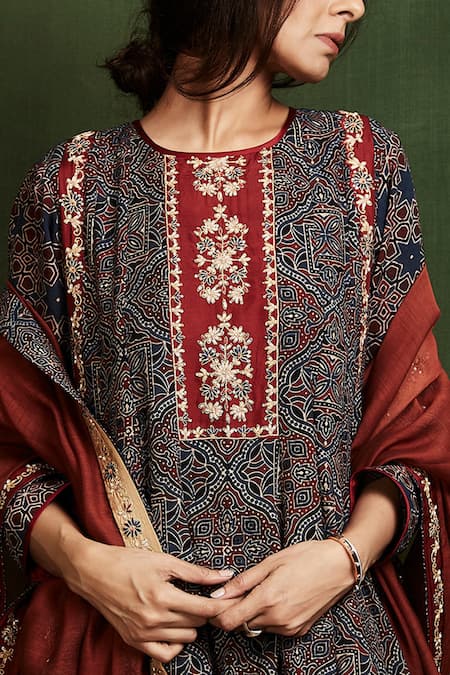 Sue Mue_Blue Cotton, Mul Ajrakh Print Anarkali Set _at_Aza_Fashions