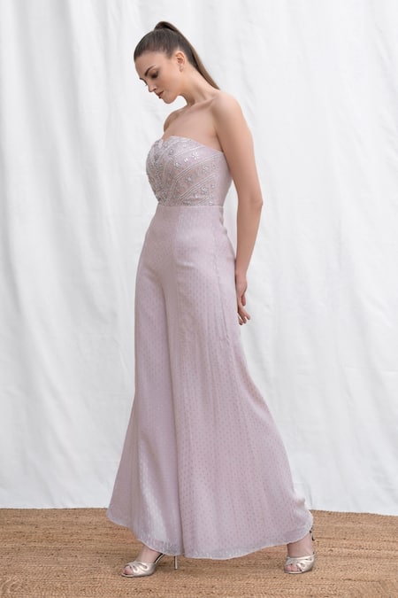 Buy Amrta By Guneet Kondal Pink Viscose, Georgette Beads, Sequins, Embroidery Split V-neck Floral Jumpsuit Online at Aza Fashions Buy_Amrta By Guneet Kondal_Pink Viscose, Georgette Beads, Sequins, Embroidery Split V-neck Floral Jumpsuit _Online_at_Aza_Fashions