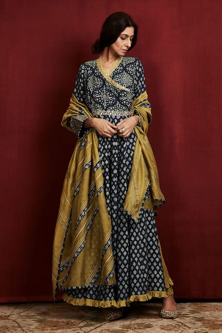 Sue Mue_Green Cotton, Mul Ajrakh Print Angrakha Set_Online_at_Aza_Fashions