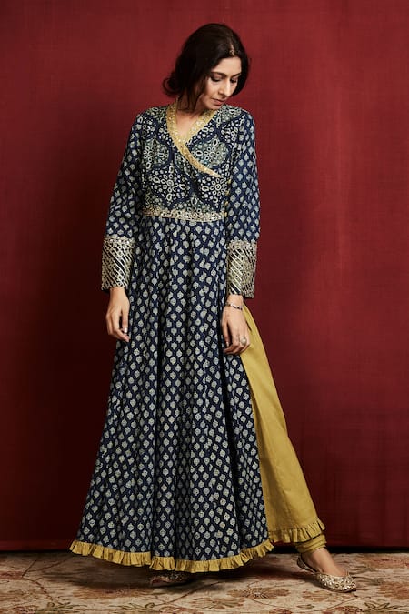 Buy_Sue Mue_Green Cotton, Mul Ajrakh Print Angrakha Set_Online_at_Aza_Fashions