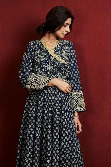 Shop_Sue Mue_Green Cotton, Mul Ajrakh Print Angrakha Set_Online_at_Aza_Fashions