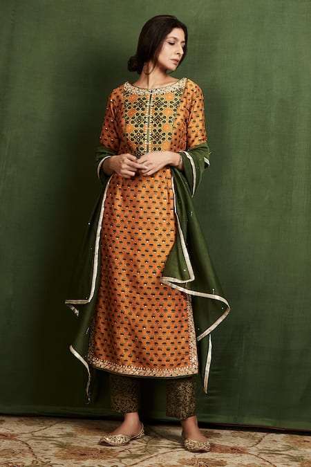 Sue Mue Yellow Silk Ajrakh Print Kurta Set 