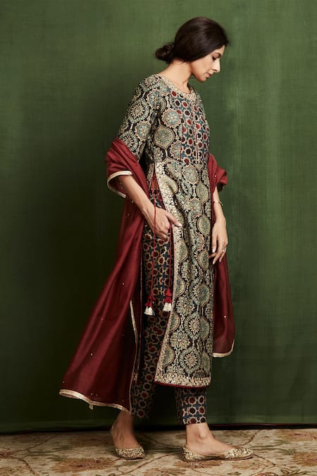 Sue Mue_Blue Silk, Raw Silk, Mul Ajrakh Print Kurta Set _Online_at_Aza_Fashions