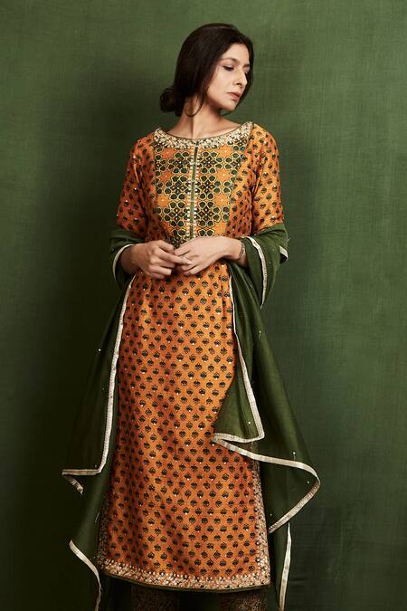 Shop_Sue Mue_Yellow Silk, Raw Silk, Mul Ajrakh Print Kurta Set_Online_at_Aza_Fashions