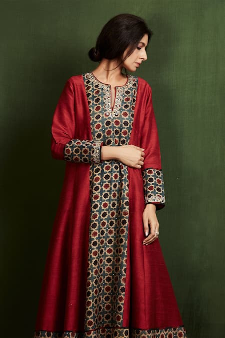 Sue Mue_Red , Raw Ajrakh Print Anarkali And Palazzo Set_Online_at_Aza_Fashions