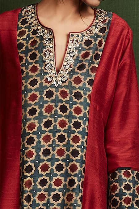 Buy_Sue Mue_Red , Raw Ajrakh Print Anarkali And Palazzo Set_Online_at_Aza_Fashions
