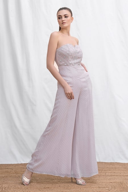 Shop Amrta By Guneet Kondal Pink Viscose, Georgette Beads, Sequins, Embroidery Split V-neck Floral Jumpsuit Online at Aza Fashions Shop_Amrta By Guneet Kondal_Pink Viscose, Georgette Beads, Sequins, Embroidery Split V-neck Floral Jumpsuit _Online_at_Aza_Fashions