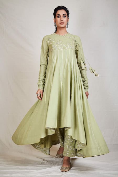 Buy_Sue Mue_Green Cotton, Mul Round Asymmetric Angarkha Set _Online_at_Aza_Fashions