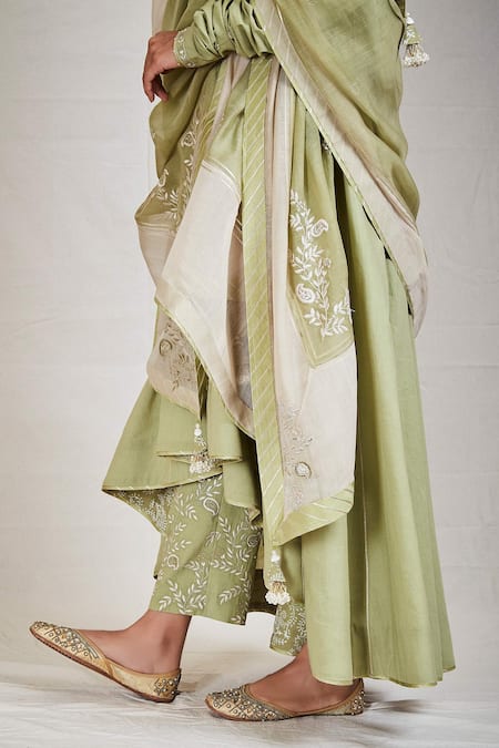 Shop_Sue Mue_Green Cotton, Mul Round Asymmetric Angarkha Set _Online_at_Aza_Fashions