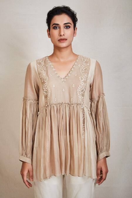 Sue Mue_Beige Mul V Neck Flared Short Tunic _Online_at_Aza_Fashions