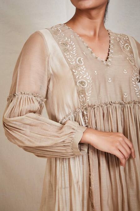Buy_Sue Mue_Beige Mul V Neck Flared Short Tunic _Online_at_Aza_Fashions