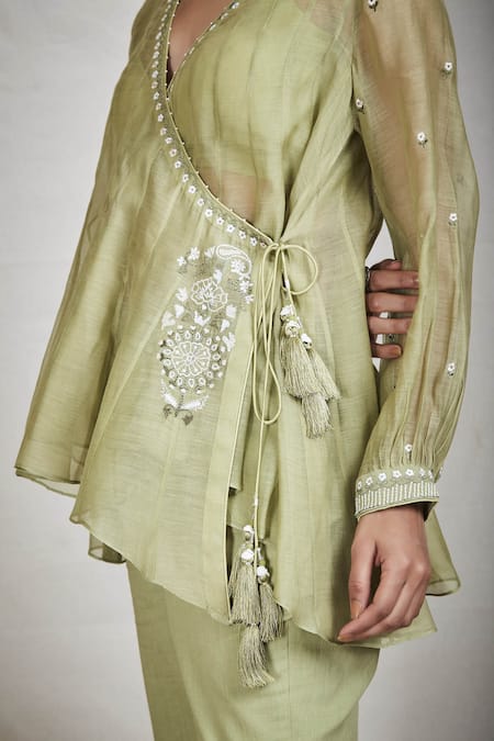 Buy_Sue Mue_Green Mul V Neck Panelled Angarkha Short Tunic _Online_at_Aza_Fashions