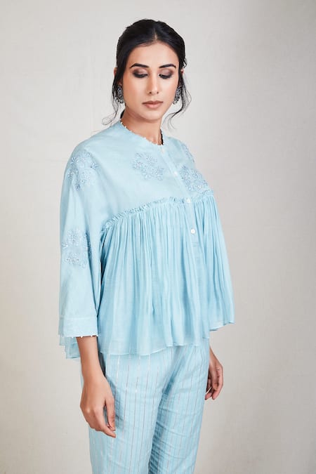 Sue Mue_Blue Mul Round Flared Short Tunic _Online_at_Aza_Fashions