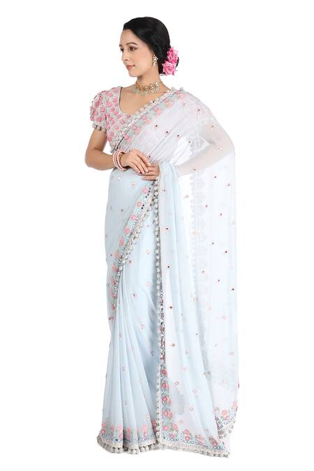 Summer By Priyanka Gupta_Blue Chiffon Hand Embroidered 3d Flower Saree With Blouse _Online_at_Aza_Fashions