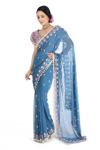 Summer By Priyanka Gupta Blue Chiffon Hand Embroidered 3d Flower Saree With Blouse  3