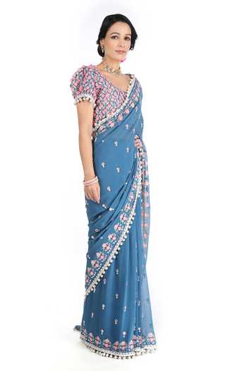 Summer By Priyanka Gupta Blue Chiffon Hand Embroidered 3d Flower Saree With Blouse  4