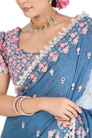 Summer By Priyanka Gupta Blue Chiffon Hand Embroidered 3d Flower Saree With Blouse  5